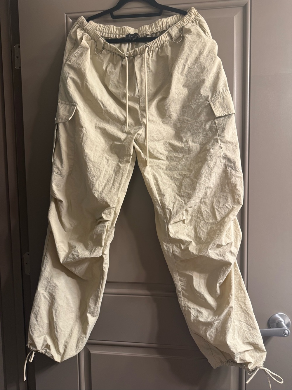 Cream Cargo Jogger Pants - Casual Drawstring Waist